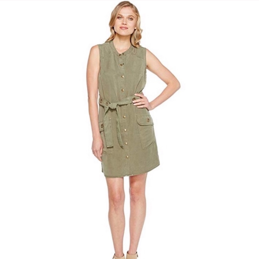Splendid Olive Button Down Waist Tie Grommet Dress